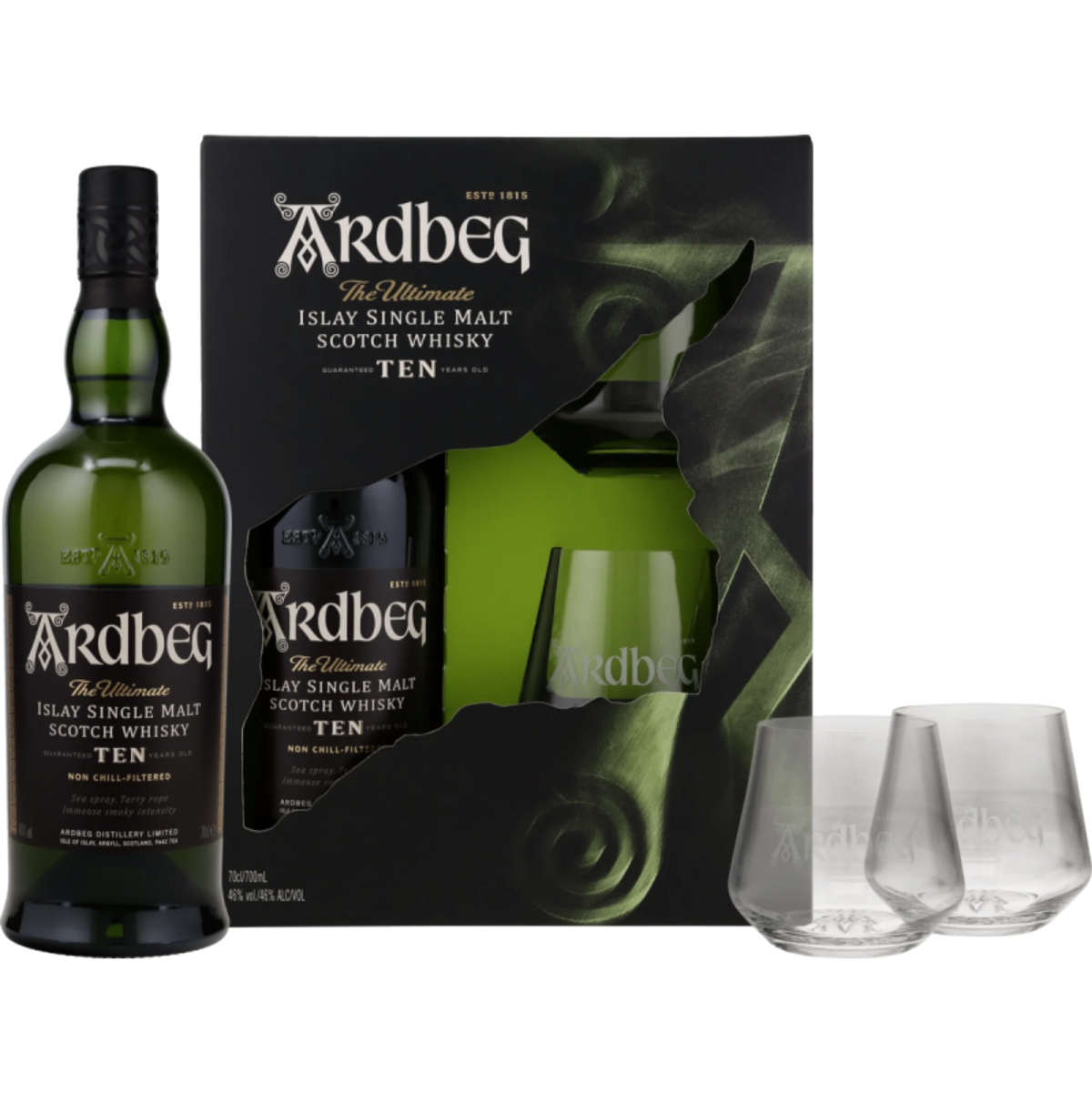 Ardbeg Ten Years Old – Geschenkpackung mit 2 Gläsern – 46 % vol. – 0,7 l