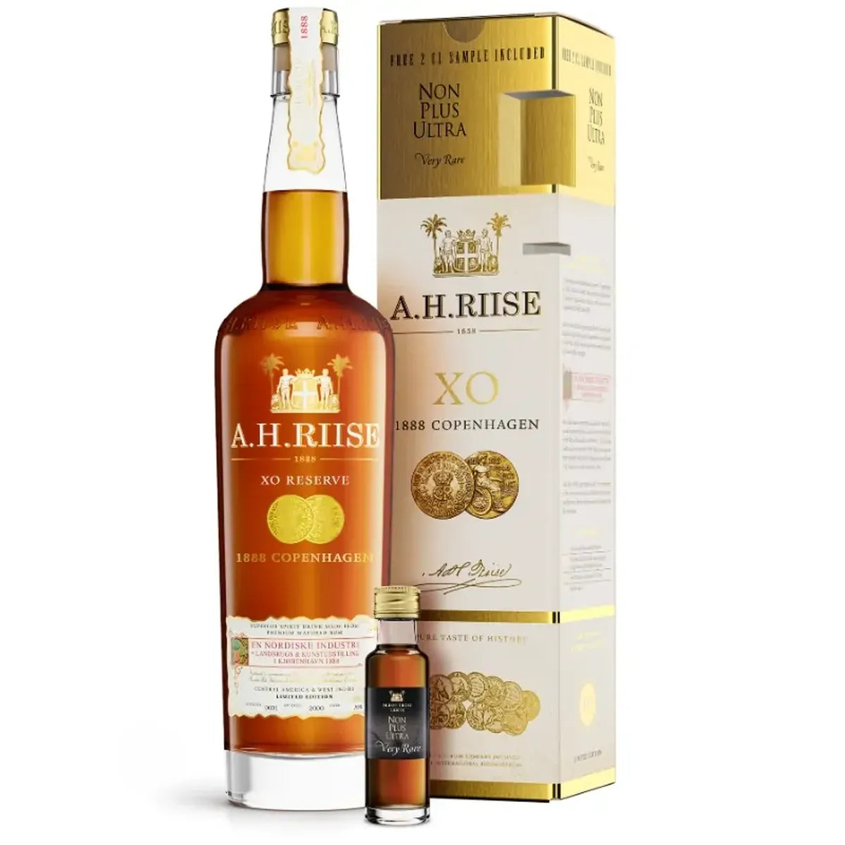 A. H. Riise XO Reserve 1888 Copenhagen Gold Medal 40% vol. 0,7l + 2cl Non Plus Ultra Very Rare Sample