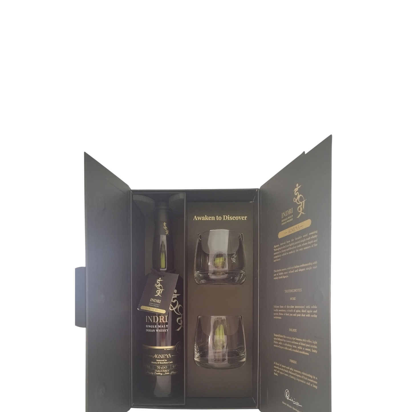 Indri Agneya – Peated Indian Single Malt Whisky – Geschenkpackung mit 2 Gläsern – 46 % vol. – 0,7 l